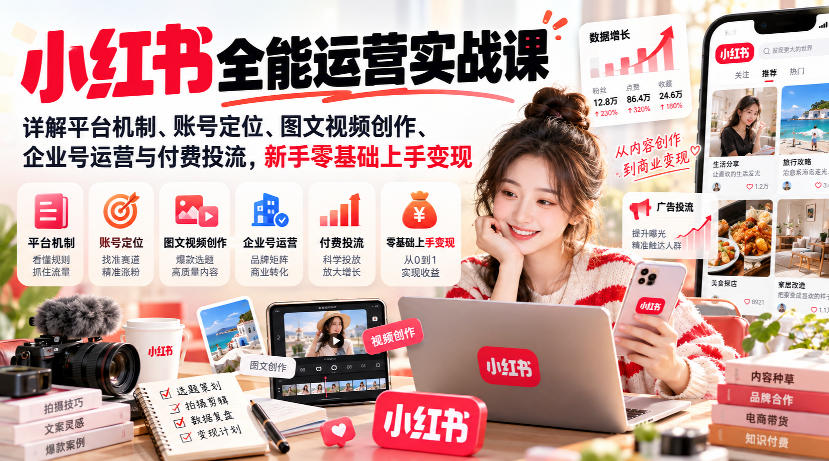 小红书全能运营实战课,详解平台机制、账号定位、图文视频创作、企业号运营与付费投流,新手零基础上手变现-拾亿云创