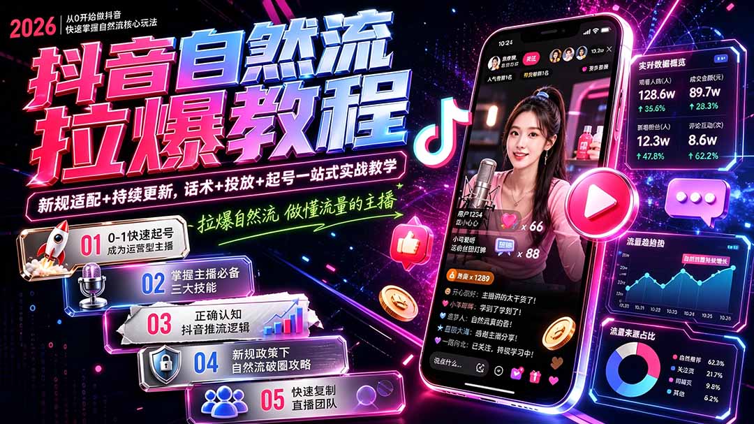 抖音自然流拉爆教程-更新9月:做懂流量的主播,新规适配+持续更新,话术+投放+起号一站式实战教学-拾亿云创