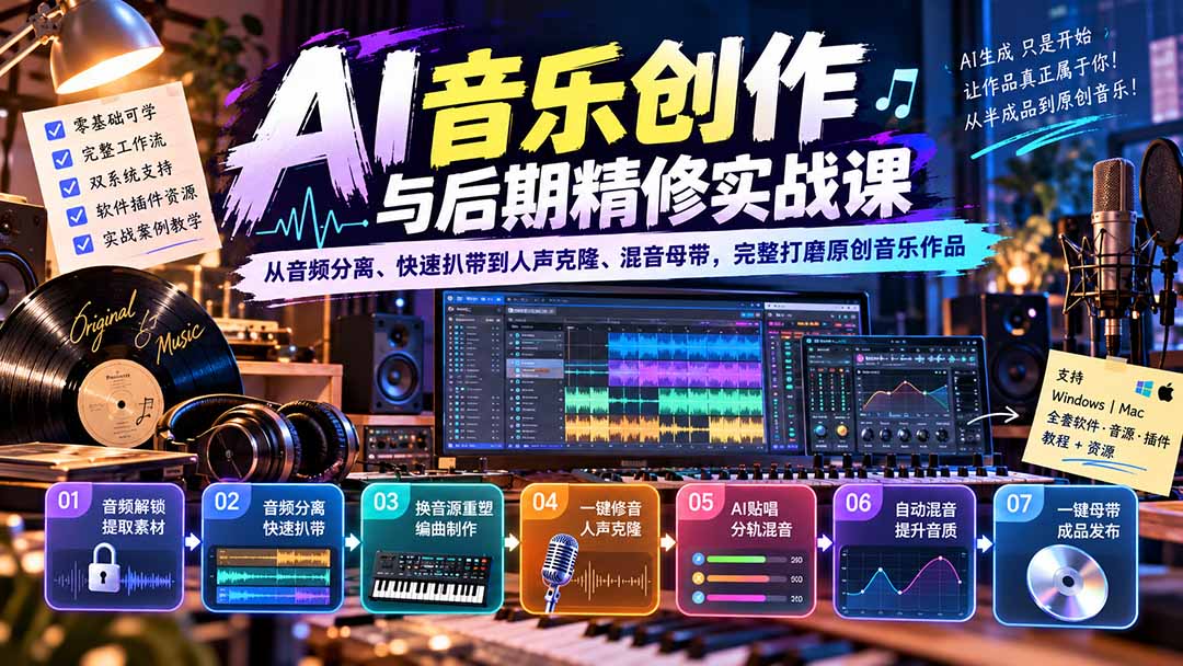 AI音乐创作与后期精修实战课:从音频分离、快速扒带到人声克隆、混音母带,完整打磨原创音乐作品-拾亿云创