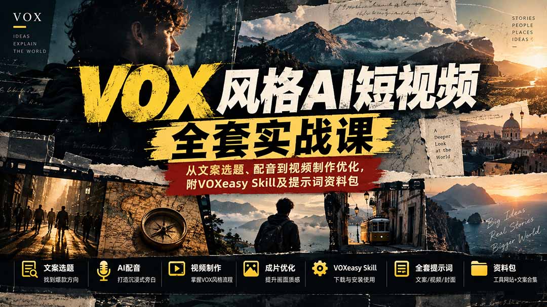 【无水印】VOX风格AI短视频全套实战课：从文案选题、配音到视频制作优化，附VOXeasy Skill及提示词资料包-拾亿云创
