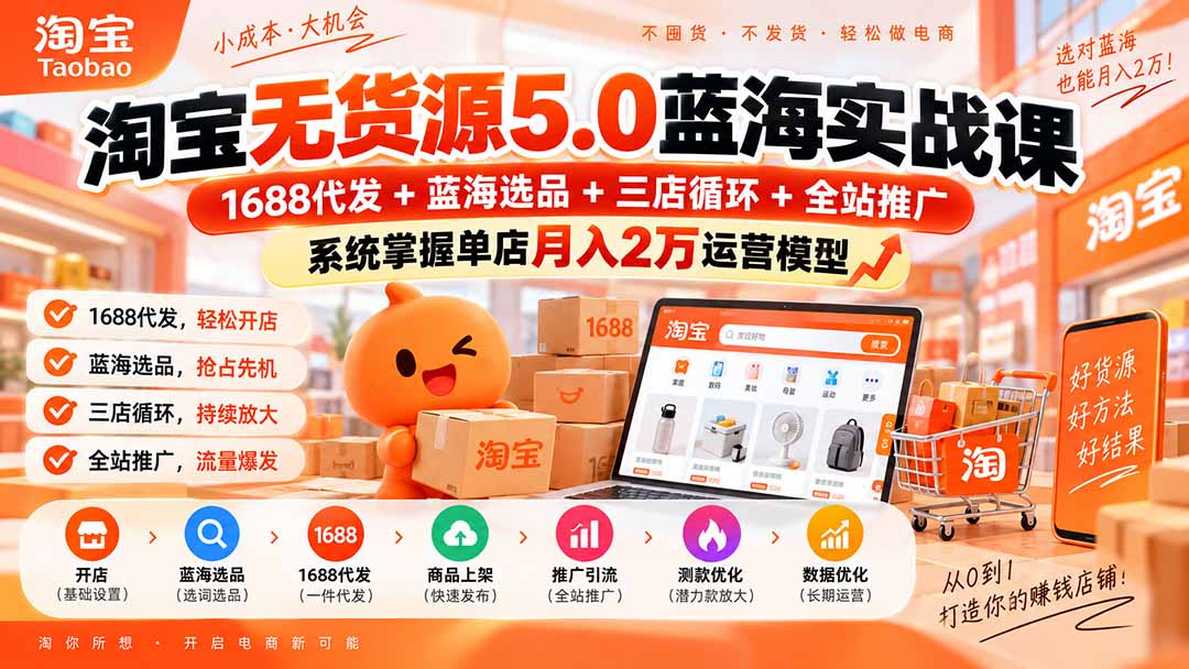 淘宝无货源5.0蓝海实战课-更新0927：1688代发+蓝海选品+三店循环+全站推广，系统掌握单店月入2万运营模型-拾亿云创