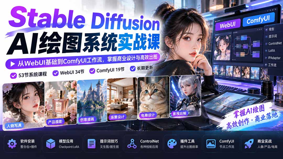 【无水印】Stable Diffusion AI绘图系统实战课：从WebUI基础到ComfyUI工作流，掌握商业设计与高效出图-拾亿云创