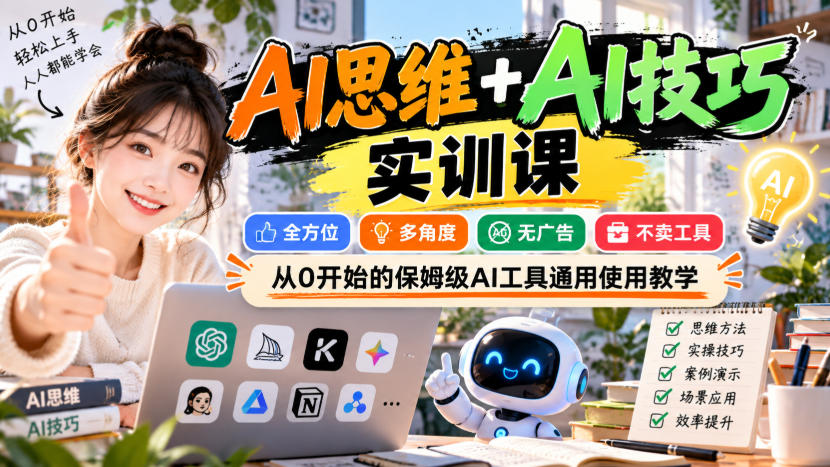 【无水印】AI思维+AI技巧实训课，全方位、多角度、无广告、不卖工具，从0开始的保姆级AI工具通用使用教学-拾亿云创