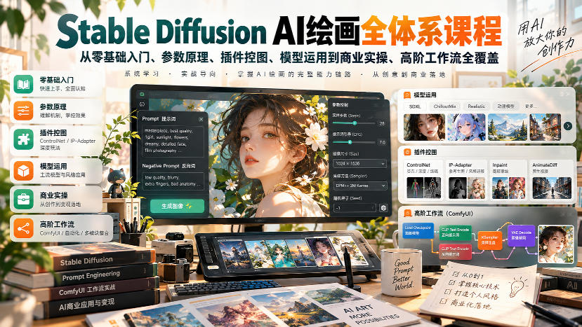 【无水印】Stable Diffusion AI绘画全体系课程，从零基础入门、参数原理、插件控图、模型运用到商业实操、高阶工作流全覆盖-拾亿云创