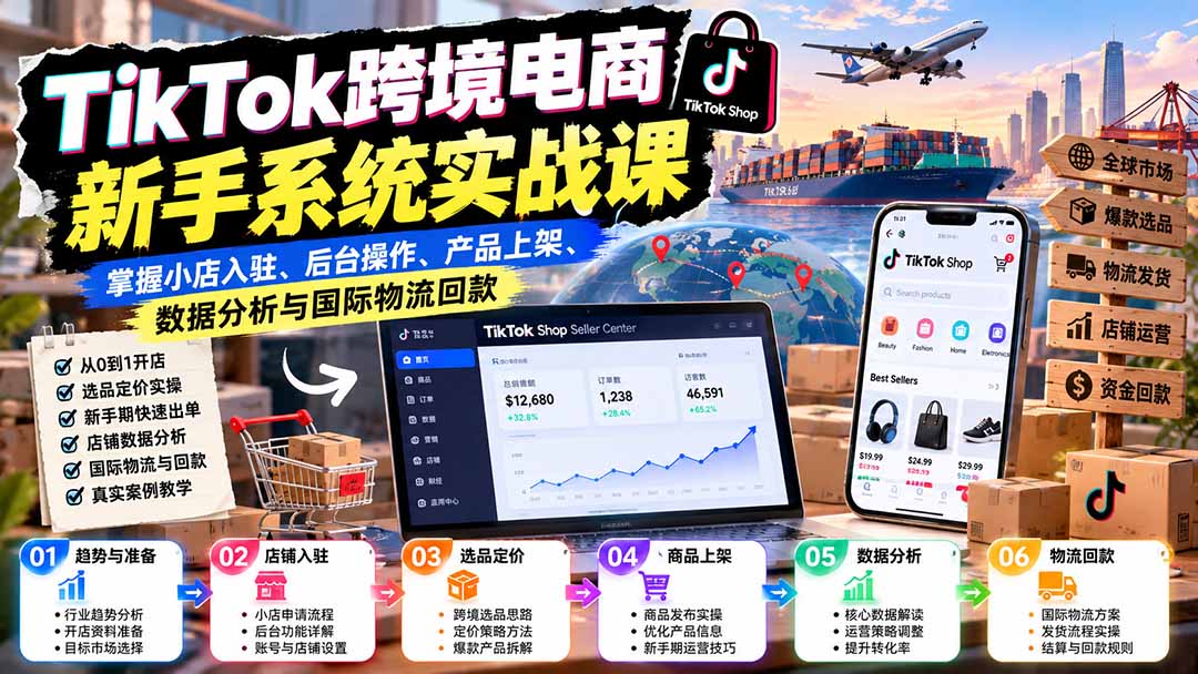 TikTok跨境电商新手系统实战课:掌握小店入驻、后台操作、产品上架、数据分析与国际物流回款-拾亿云创