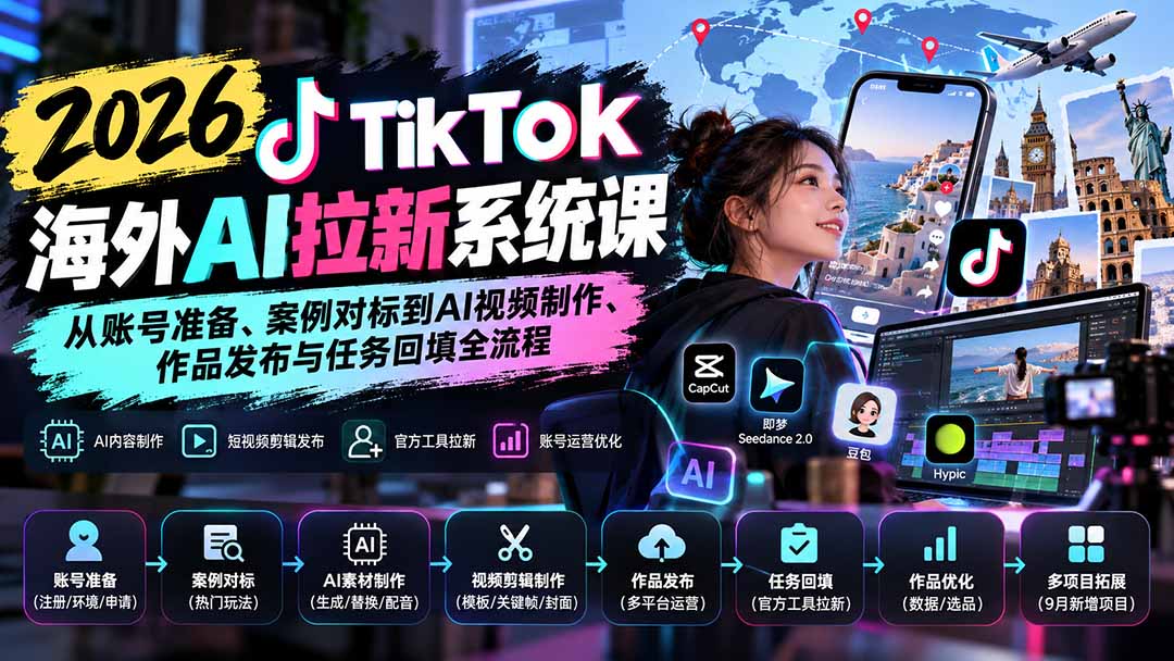 【无水印】2026 TikTok海外AI拉新系统课：从账号准备、案例对标到AI视频制作、作品发布与任务回填全流程-拾亿云创