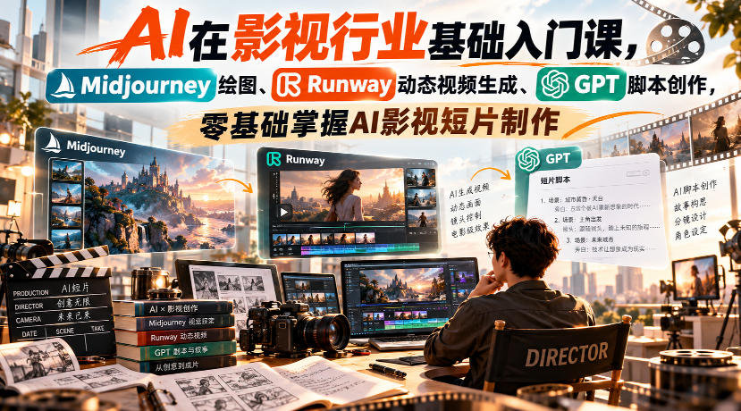 【无水印】AI在影视行业基础入门课，Midjourney绘图、Runway动态视频生成、GPT脚本创作，零基础掌握AI影视短片制作-拾亿云创