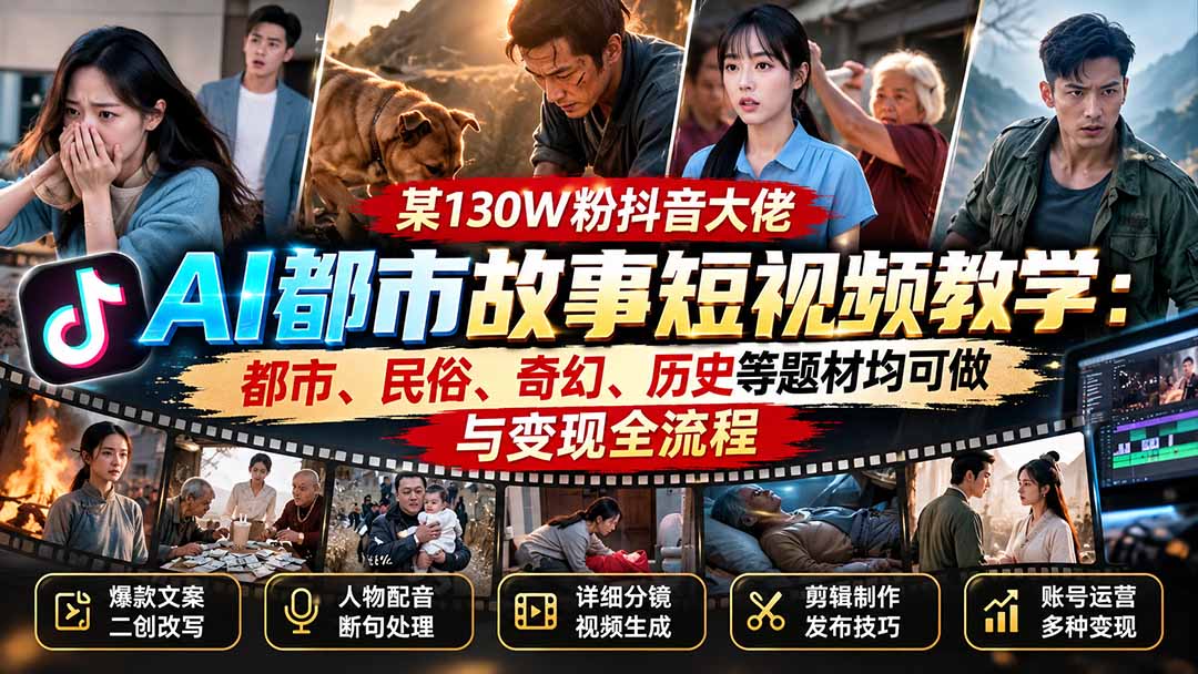 某130W粉抖音大佬AI都市故事短视频教学:都市、民俗、奇幻、历史等题材均可做与变现全流程-拾亿云创