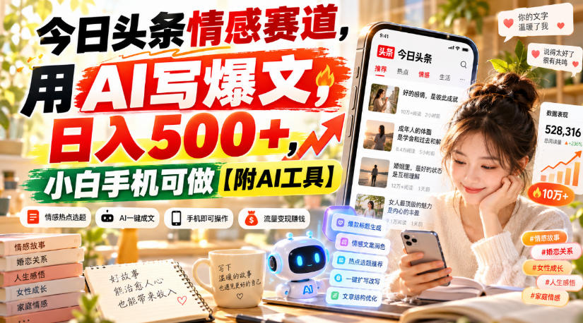 今日头条情感赛道，用AI写爆文，日入500+，小白手机可做【附AI工具】-拾亿云创