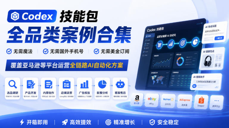 Codex技能包全品类案例合集，无需魔法、无需国外手机号、无需美金订阅，覆盖亚马逊等平台运营全链路AI自动化方案-拾亿云创