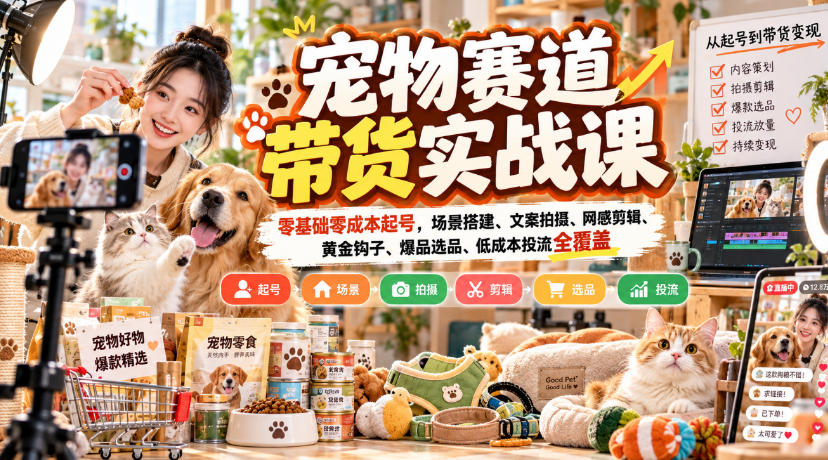 宠物赛道带货实战课，零基础零成本起号，场景搭建、文案拍摄、网感剪辑、黄金钩子、爆品选品、低成本投流全覆盖-拾亿云创