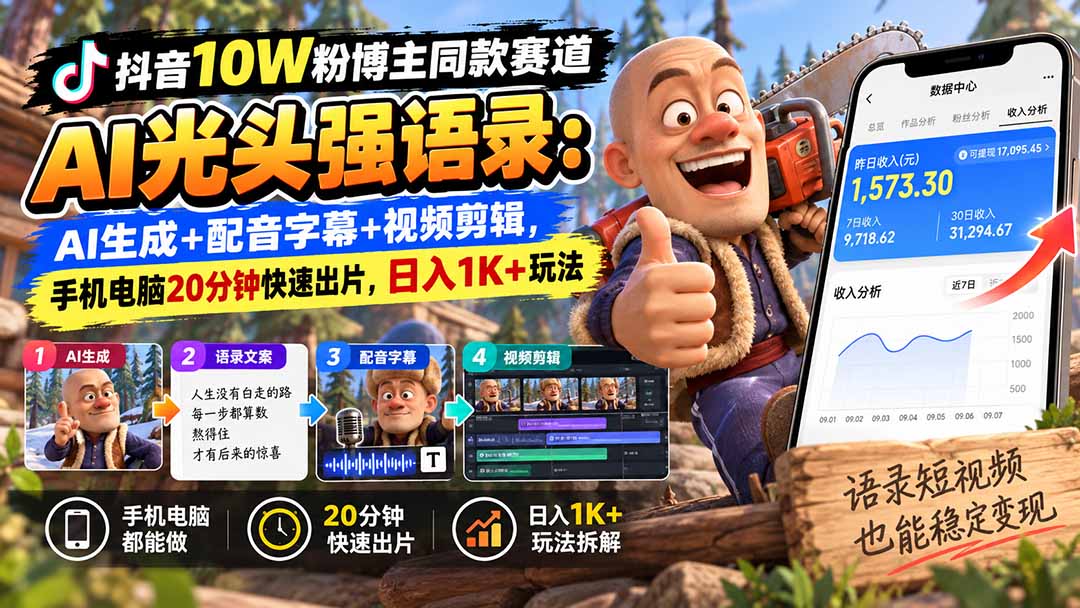 【无水印】抖音10W粉博主同款赛道AI光头强语录：AI生成+配音字幕+视频剪辑，手机电脑20分钟快速出片，日入1K+玩法-拾亿云创