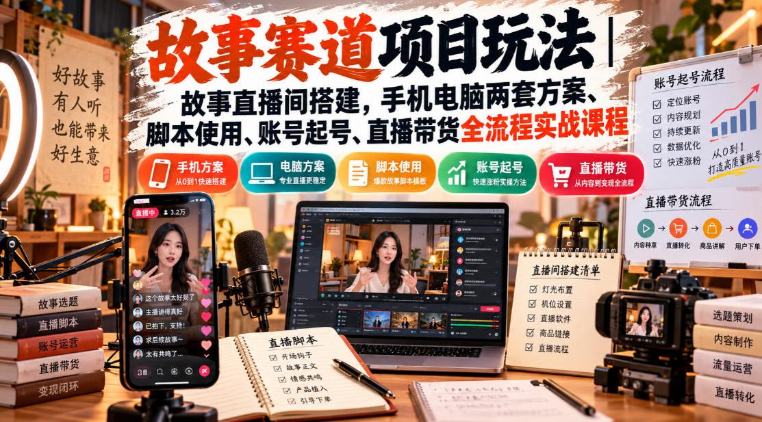 故事赛道项目玩法|故事直播间搭建,手机电脑两套方案、脚本使用、账号起号、直播带货全流程实战课程-拾亿云创