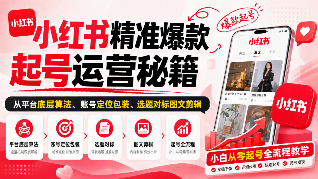 小红书精准爆款起号运营秘籍,从平台底层算法、账号定位包装、选题对标图文剪辑,小白从零起号全流程-拾亿云创