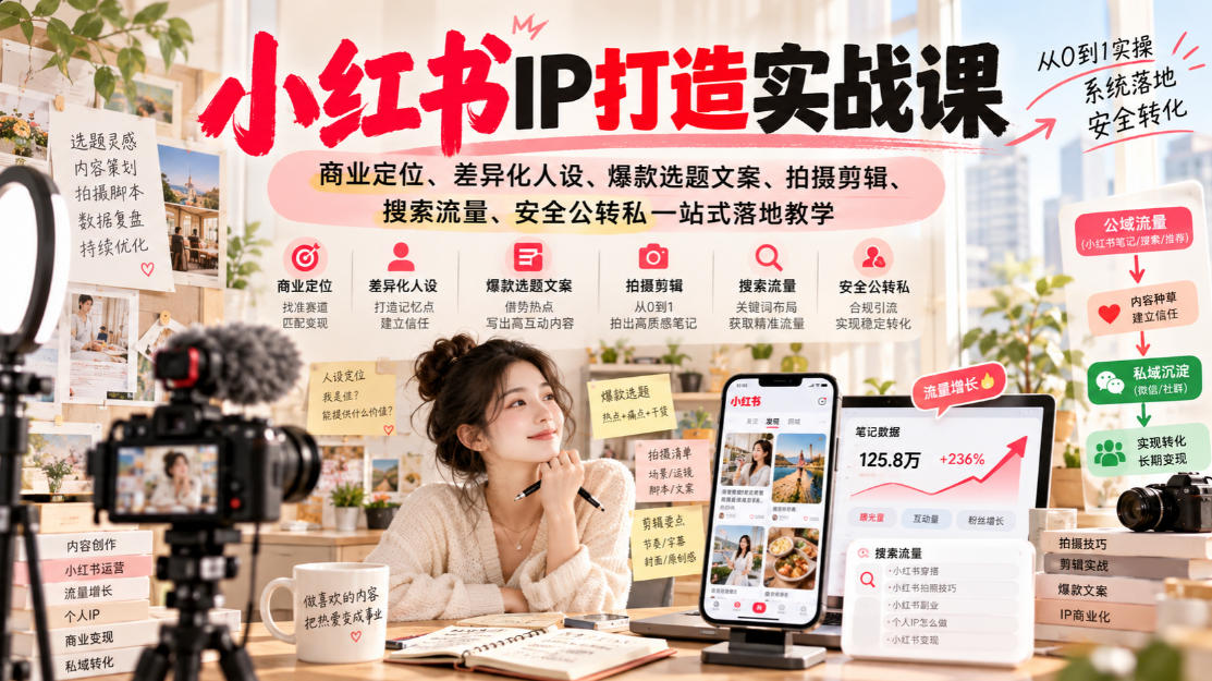 小红书ip打造实战课，商业定位、差异化人设、爆款选题文案、拍摄剪辑、搜索流量、安全公转私一站式落地教学-拾亿云创