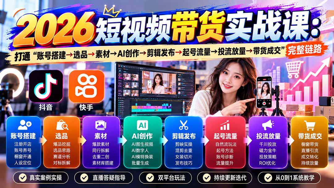 2026短视频带货实战课9月：打通“账号搭建→选品→素材→AI创作→剪辑发布→起号流量→投流放量→带货成交”完整链路-拾亿云创
