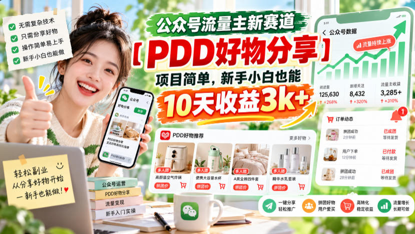 公众号流量主新赛道【PDD好物分享】,项目简单,新手小白也能10天收益3k+-拾亿云创