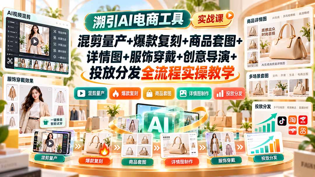 溯引AI电商工具实战课：混剪量产+爆款复刻+商品套图+详情图+服饰穿戴+创意导演+投放分发全流程实操教学-拾亿云创