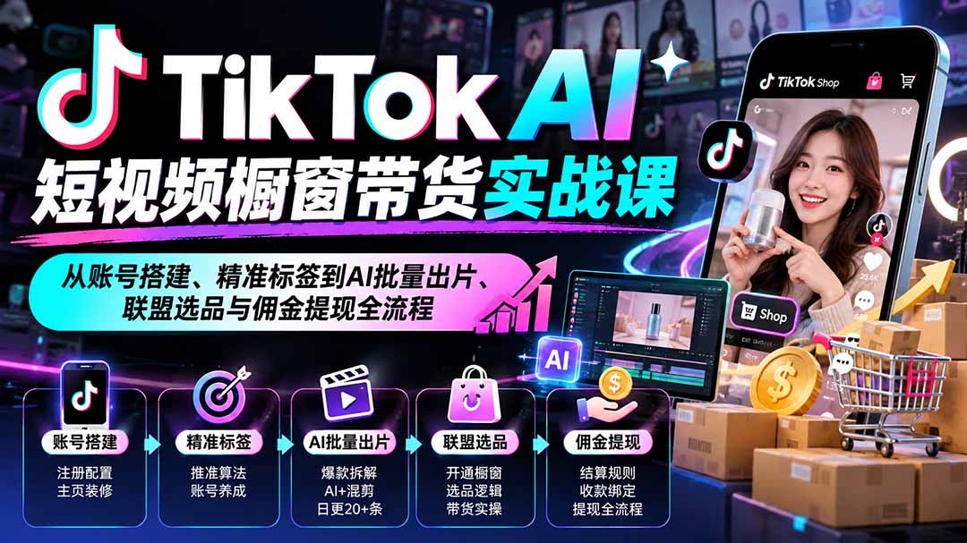 TikTok AI短视频橱窗带货实战课：从账号搭建、精准标签到AI批量出片、联盟选品与佣金提现全流程-拾亿云创