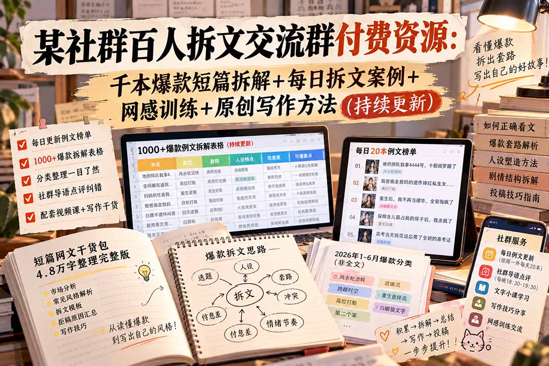 某社群百人拆文交流群付费资源-更新0929:千本爆款短篇拆解+每日拆文案例+网感训练+原创写作方法-拾亿云创