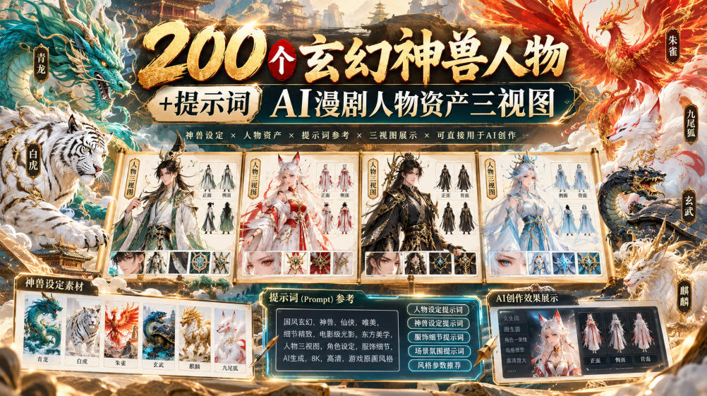 200个玄幻神兽人物+提示词ai漫剧人物资产三视图-拾亿云创