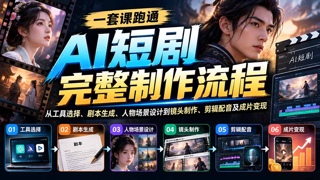 一套课跑通AI短剧完整制作流程：从工具选择、剧本生成、人物场景设计到镜头制作、剪辑配音及成片变现-拾亿云创