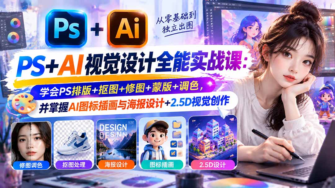 【无水印】PS+AI视觉设计全能实战课：学会PS排版+抠图+修图+蒙版+调色，并掌握AI图标插画与海报设计+2.5D视觉创作-拾亿云创
