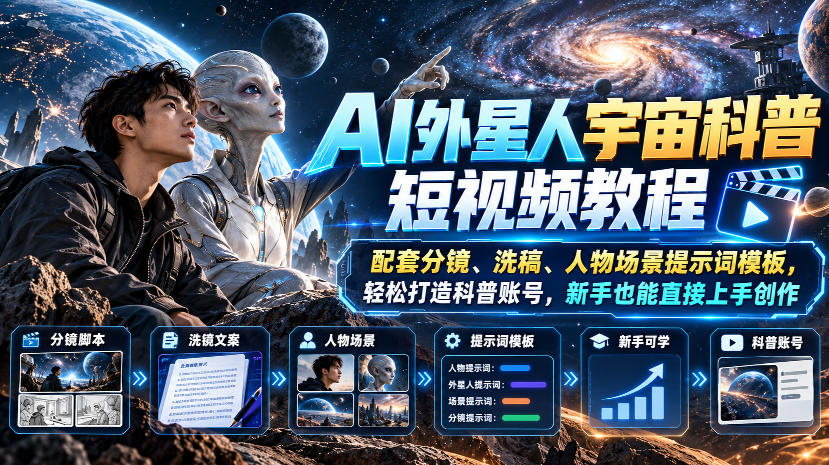 AI外星人宇宙科普短视频教程，配套分镜、洗稿、人物场景提示词模板，轻松打造科普账号，新手也能直接上手创作-拾亿云创