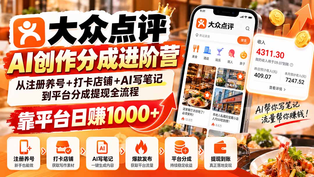 大众点评AI创作分成进阶营：从注册养号+打卡店铺+AI写笔记到平台分成提现全流程，靠平台日赚1000+-拾亿云创