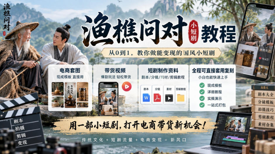 渔樵问对小短剧教程,包含电商套图、带货视频,短剧制作资料,全程可直接套用复刻-拾亿云创