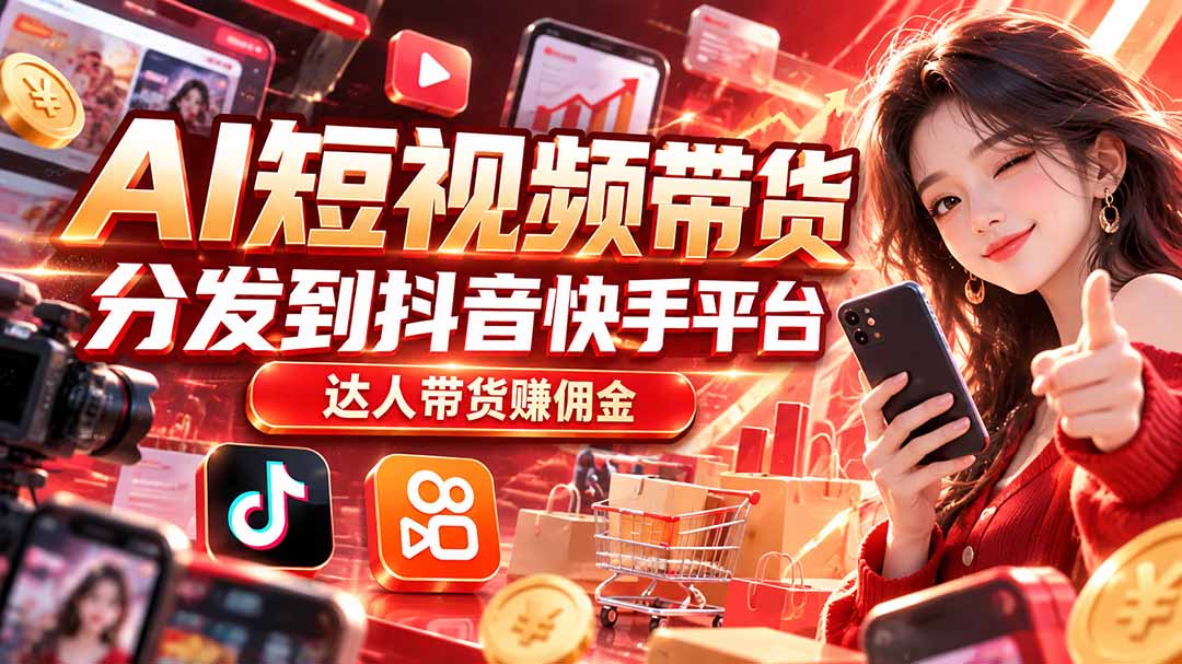 【AI短视频带货】分发到抖音快手平台，达人带货赚佣金-拾亿云创