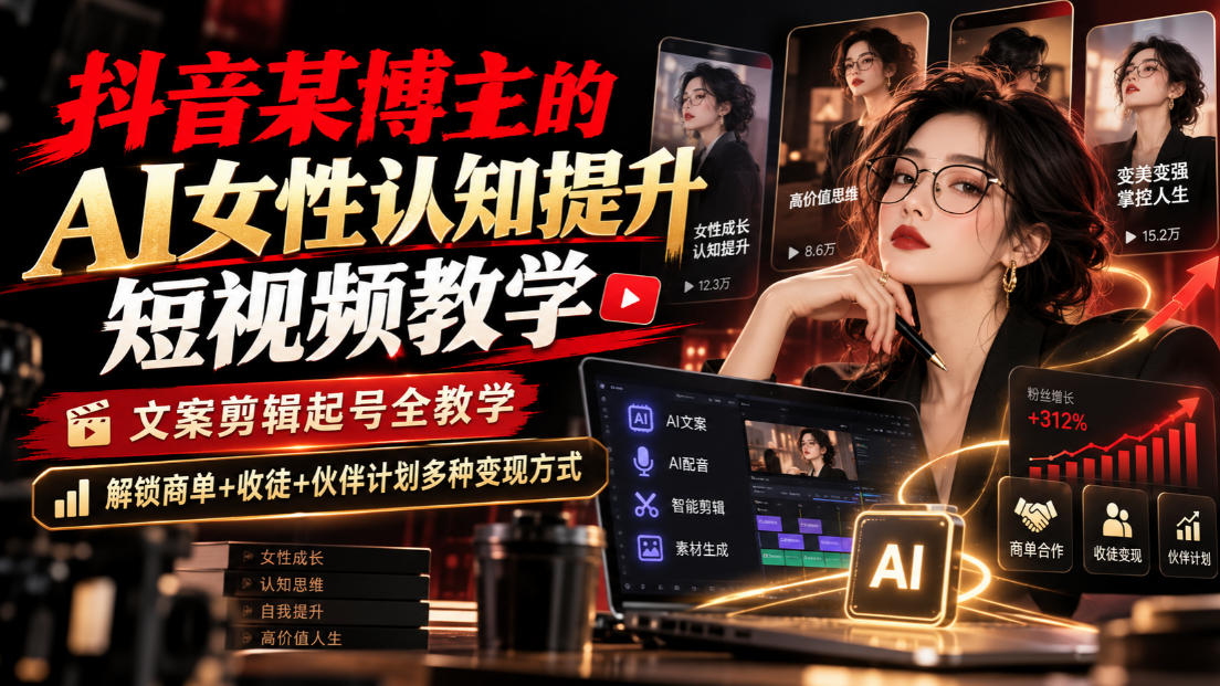 抖音某博主的Ai女性认知提升短视频教学，文案剪辑起号全教学，解锁商单+收徒+伙伴计划多种变现方式-拾亿云创