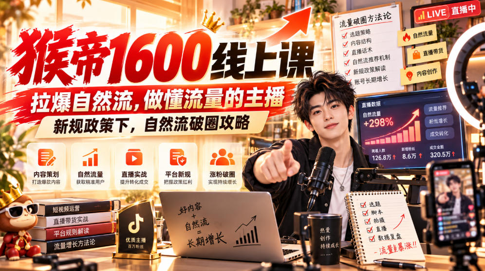 猴帝1600线上课，拉爆自然流，做懂流量的主播，新规政策下，自然流破圈攻略【更新261002】-拾亿云创