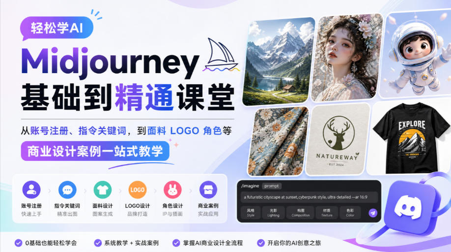 轻松学AI Midjourney基础到精通课堂，从账号注册、指令关键词，到面料LOGO角色等商业设计案例一站式教学-拾亿云创