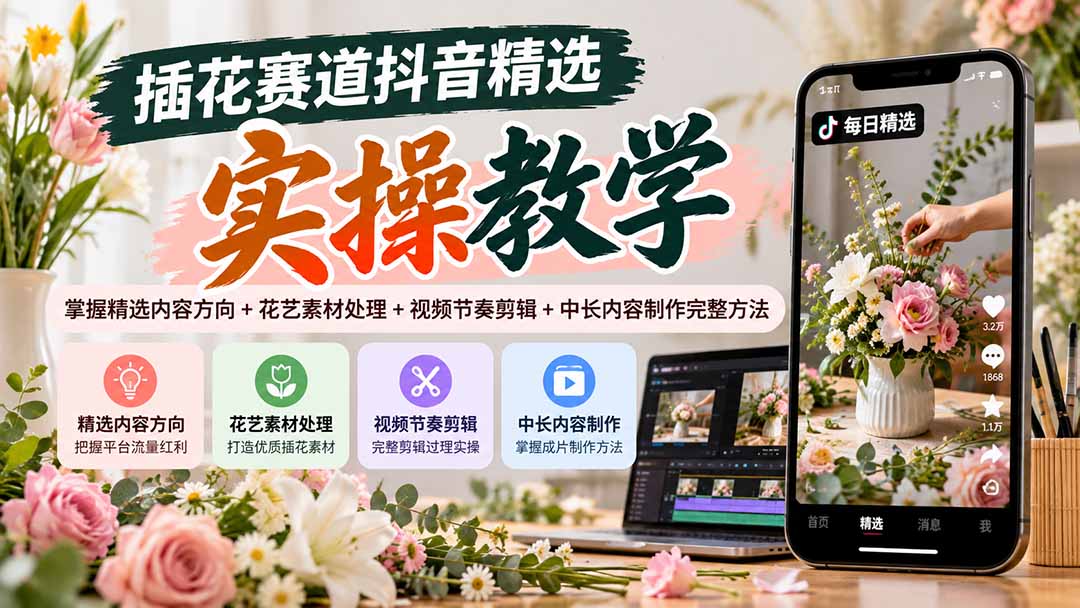 插花赛道抖音精选实操教学：掌握精选内容方向+花艺素材处理+视频节奏剪辑+中长内容制作完整方法-拾亿云创