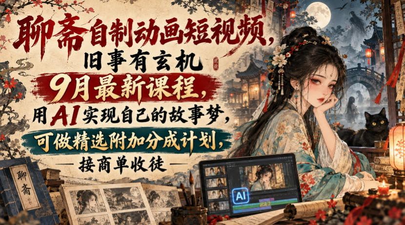 聊斋自制动画短视频,旧事有玄机9月最新课程,用AI实现自己的故事梦,可做精选附加分成计划,接商单收徒-拾亿云创