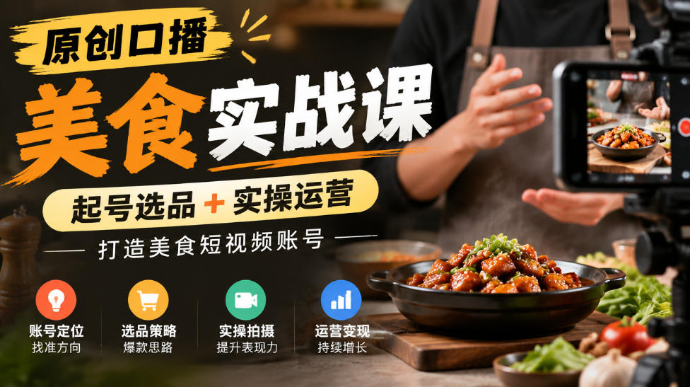 原创口播美食实战课，起号选品+实操运营，打造美食短视频账号-拾亿云创