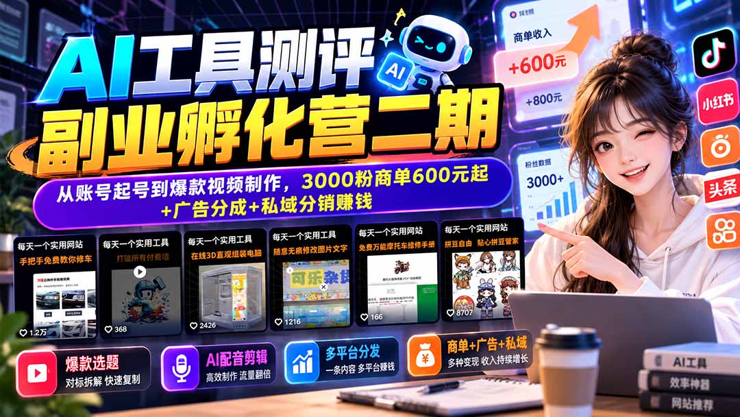 AI工具测评副业孵化营二期：从账号起号到爆款视频制作，3000粉商单600元起+广告分成+私域分销赚钱-拾亿云创