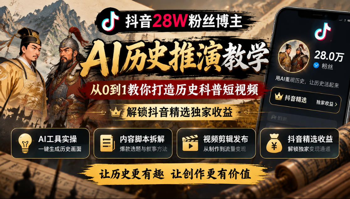 抖音28W粉丝博主的AI历史推演教学，从0到1教你打造历史科普短视频，解锁抖音精选独家收益-拾亿云创