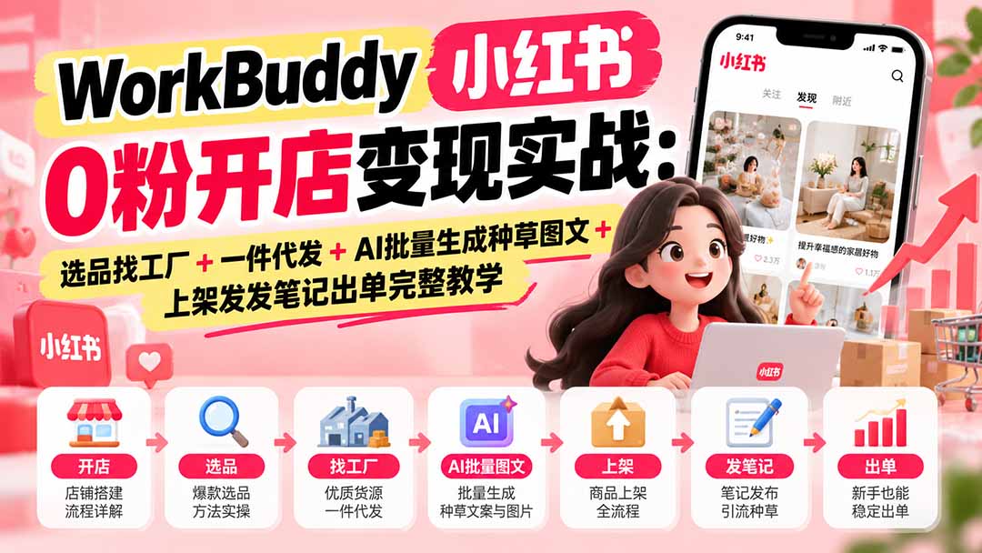 WorkBuddy小红书0粉开店变现实战：选品找工厂+一件代发+AI批量生成种草图文+上架发发笔记出单完整教学-拾亿云创