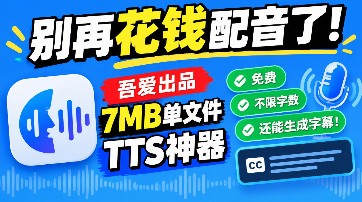 别再花钱配音了！吾爱出品7MB单文件TTS神器，免费不限字数还能生成字幕！-拾亿云创