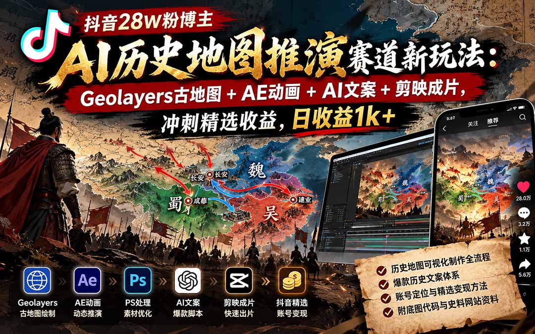 抖音28W粉博主AI历史地图推演赛道新玩法：Geolayers古地图+AE动画+AI文案+剪映成片，冲刺精选收益，日收益1k+-拾亿云创