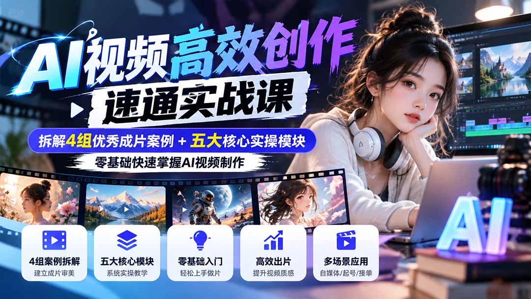 【无水印】AI视频高效创作速通实战课：拆解4组优秀成片案例+五大核心实操模块，零基础快速掌握AI视频制作-拾亿云创