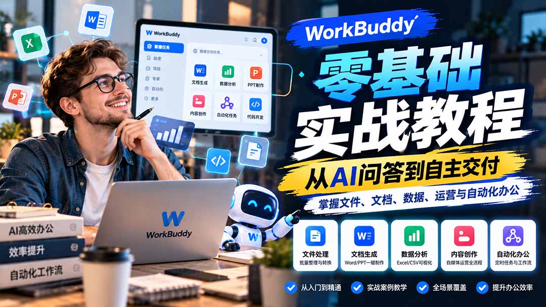 WorkBuddy零基础实战教程：从AI问答到自主交付，掌握文件、文档、数据、运营与自动化办公-拾亿云创