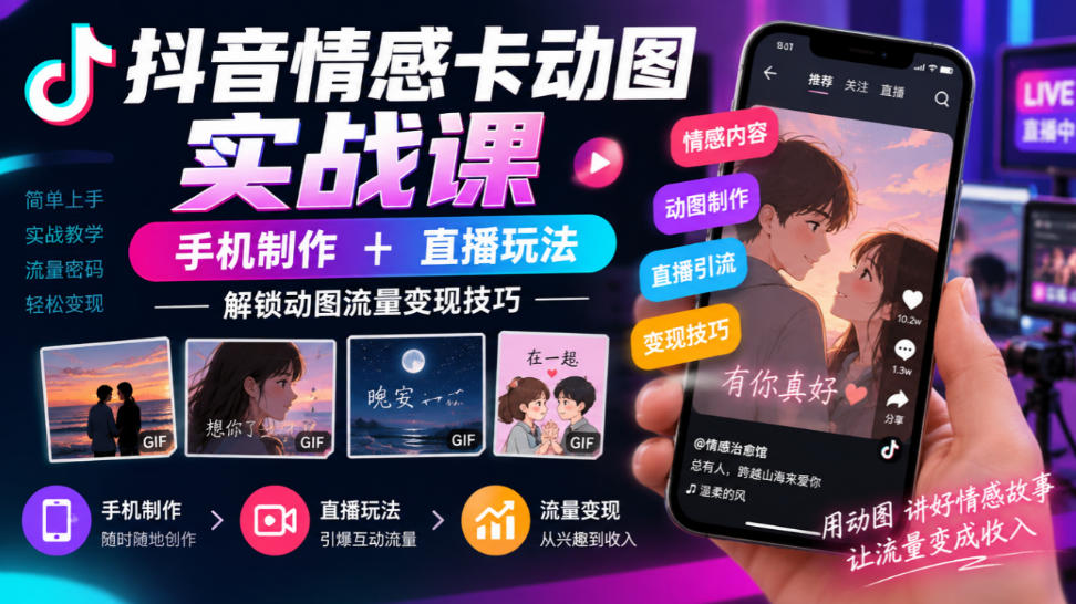 抖音情感卡动图实战课|手机制作+直播玩法,解锁动图流量变现技巧-拾亿云创