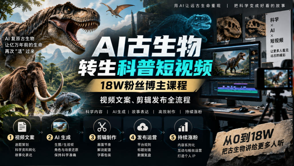 AI古生物转生科普短视频，18W粉丝博主课程，视频文案、剪辑发布全流程-拾亿云创