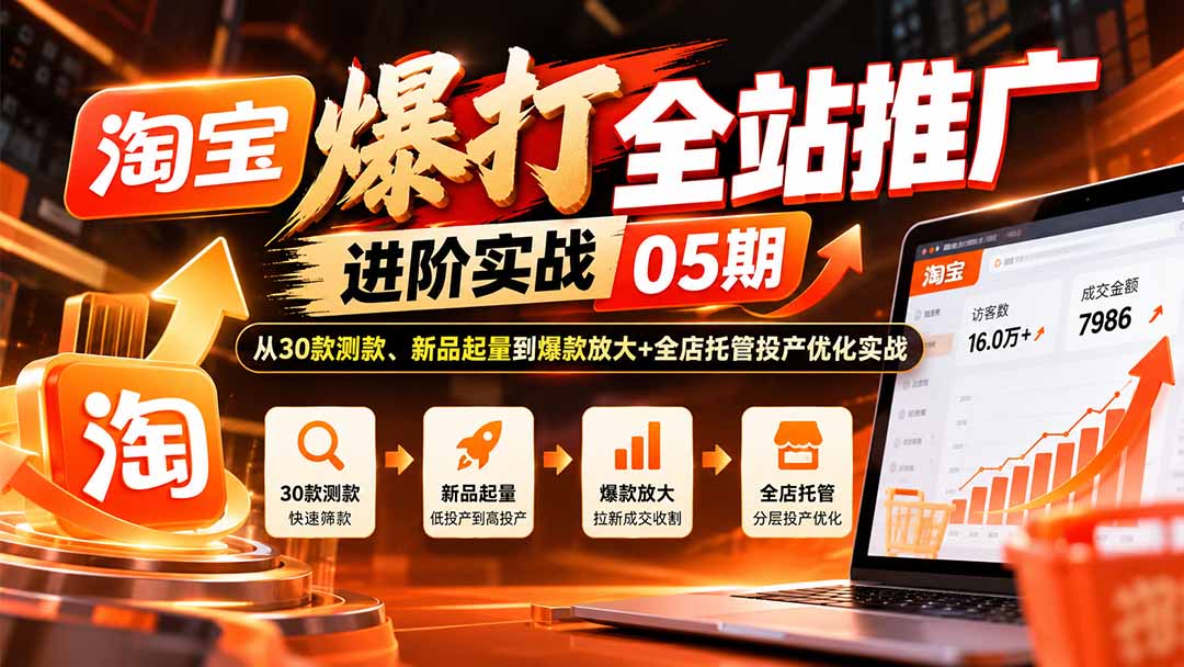 淘宝爆打全站推广进阶实战05期：从30款测款、新品起量到爆款放大+全店托管投产优化实战-拾亿云创