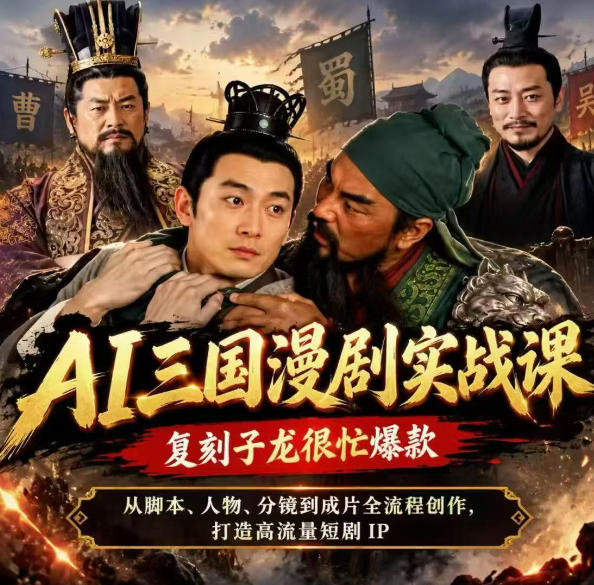 抖音14W粉博主同款AI三国漫剧实战课，复刻子龙很忙爆款，从脚本、人物、分镜到成片全流程创作，打造高流量短剧IP-拾亿云创