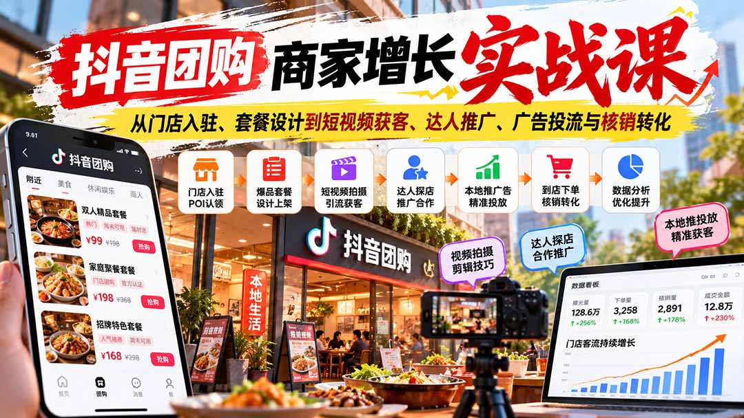 抖音团购商家增长实战课：从门店入驻、套餐设计到短视频获客、达人推广、广告投流与核销转化-拾亿云创