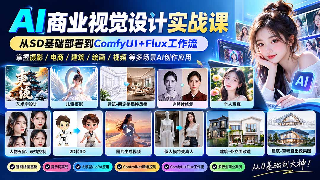 【无水印】AI商业视觉设计实战课：从SD基础部署到ComfyUI+Flux工作流，掌握摄影电商建筑AI创作-拾亿云创